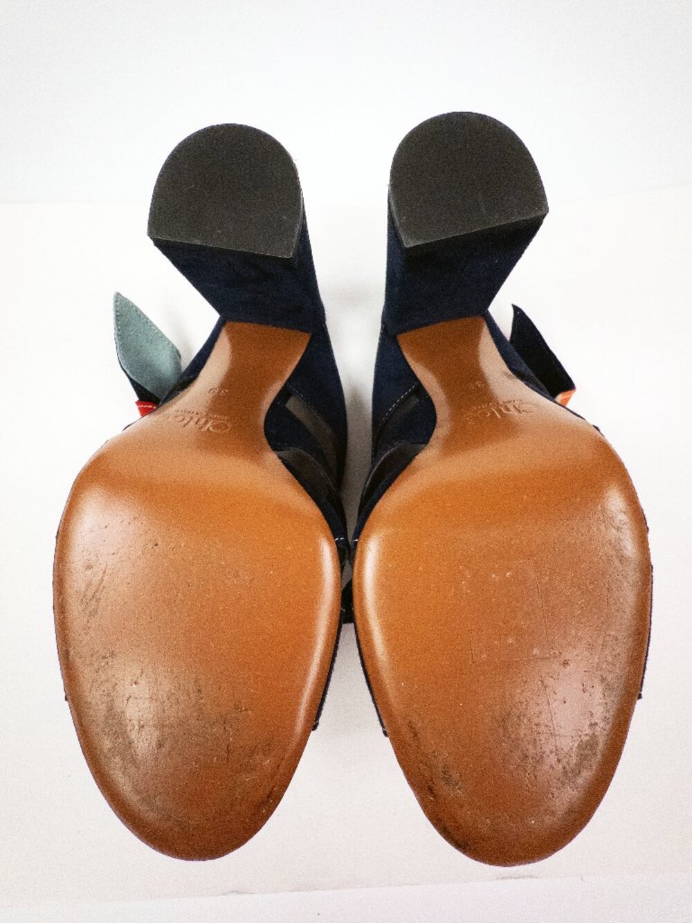 Chloé Nellie Navy Suede Bow Mules Colorblock Heeled Sandals Sz 8 - Picture 4 of 9